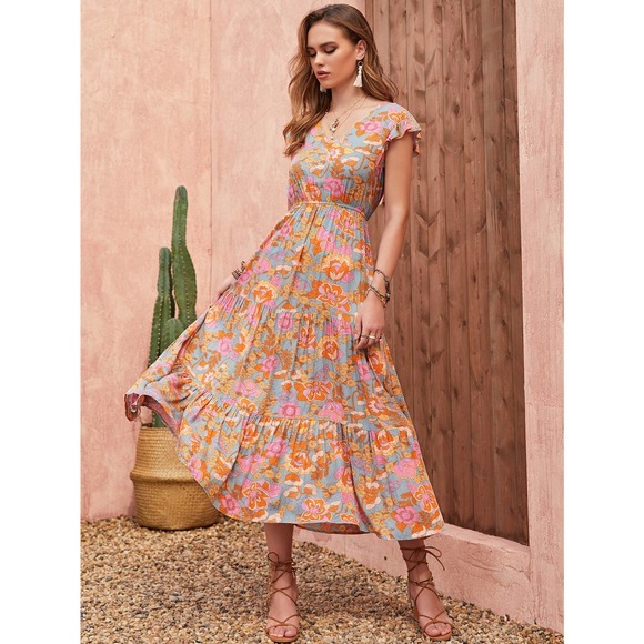 BohoGypsyDreamer.com Dresses & Skirts - Floral short Sleeve midi Dress boho blue orange